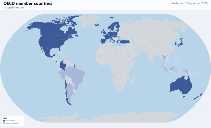 Map of the 38 OECD member countries