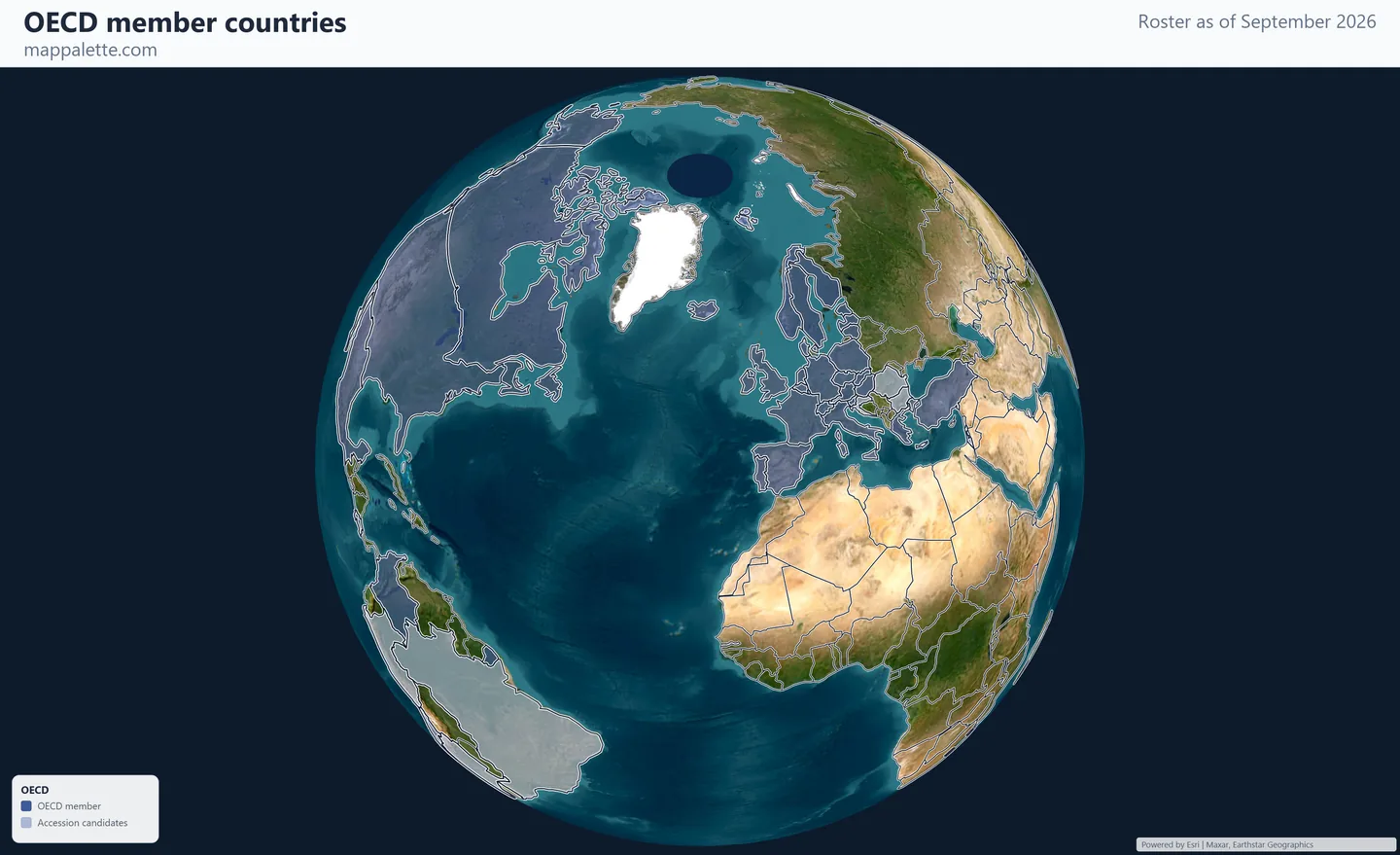 Map of the 38 OECD member countries shaded in colour over satellite imagery on a globe, as of September 2026