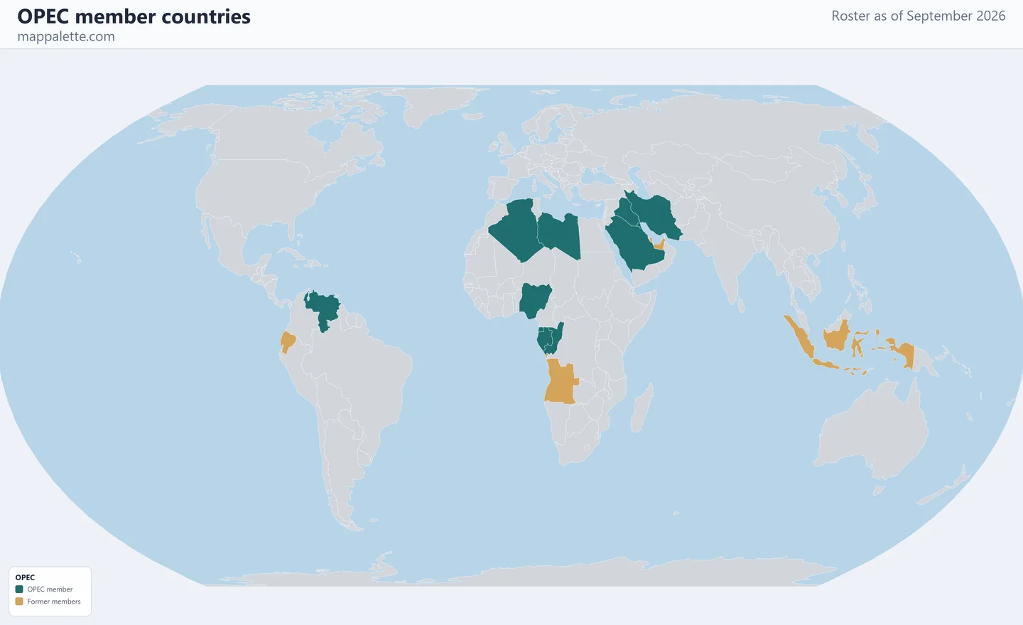 Map of the 11 OPEC member countries shaded in colour on an Equal Earth equal-area map, as of September 2026