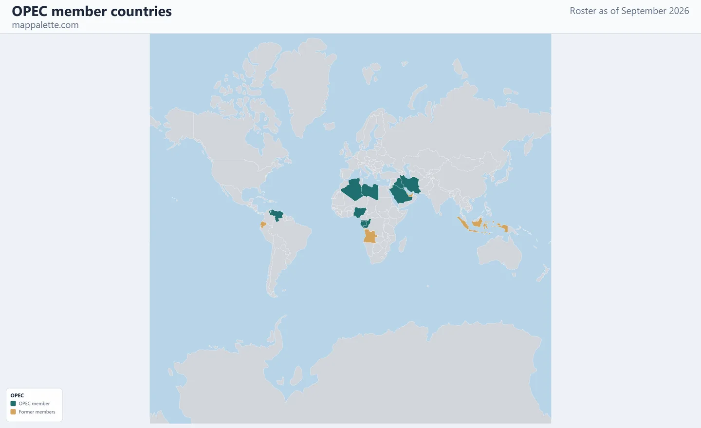 Map of the 11 OPEC member countries shaded in colour on a Mercator projection map, as of September 2026