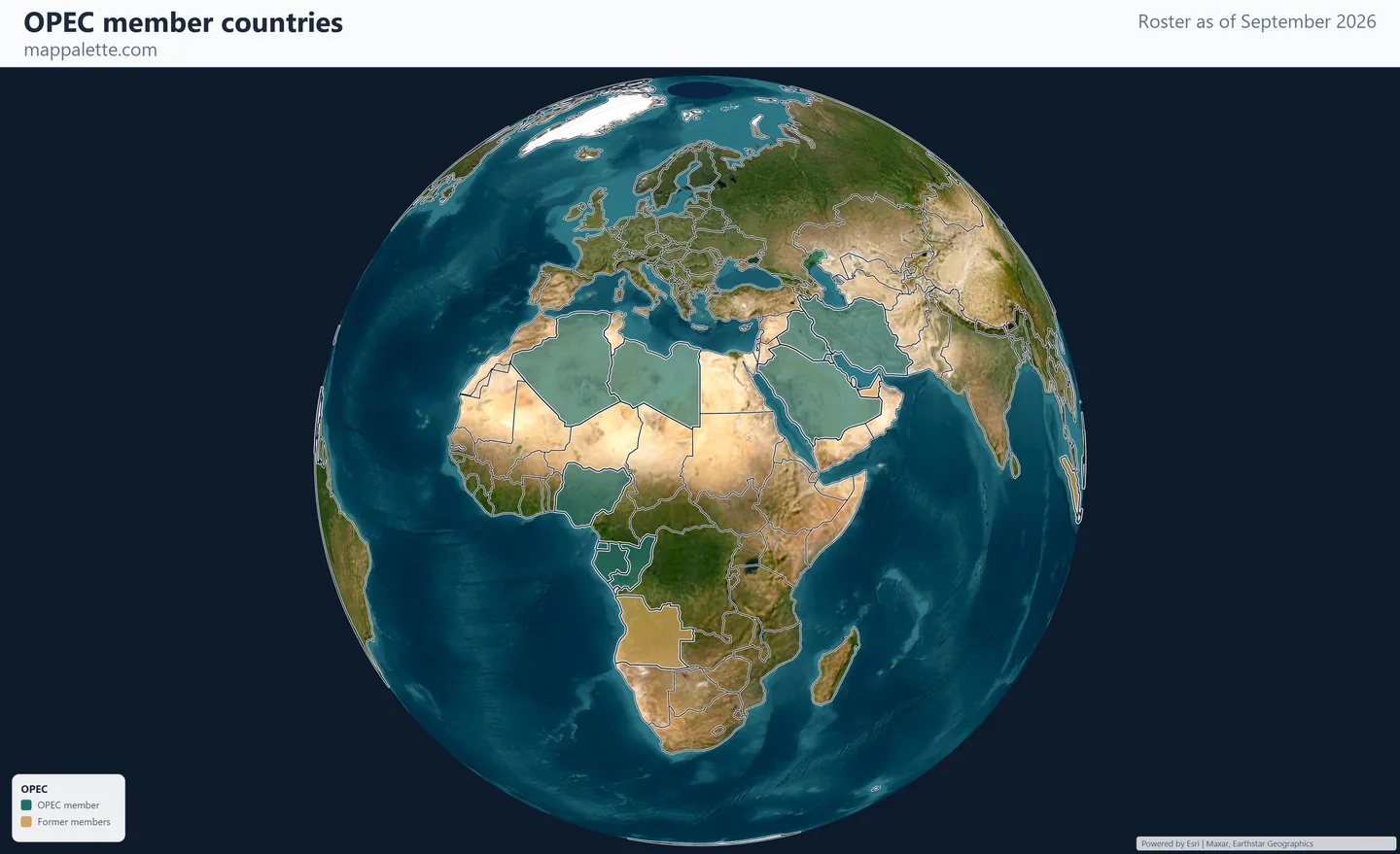Map of the 11 OPEC member countries shaded in colour over satellite imagery on a globe, as of September 2026