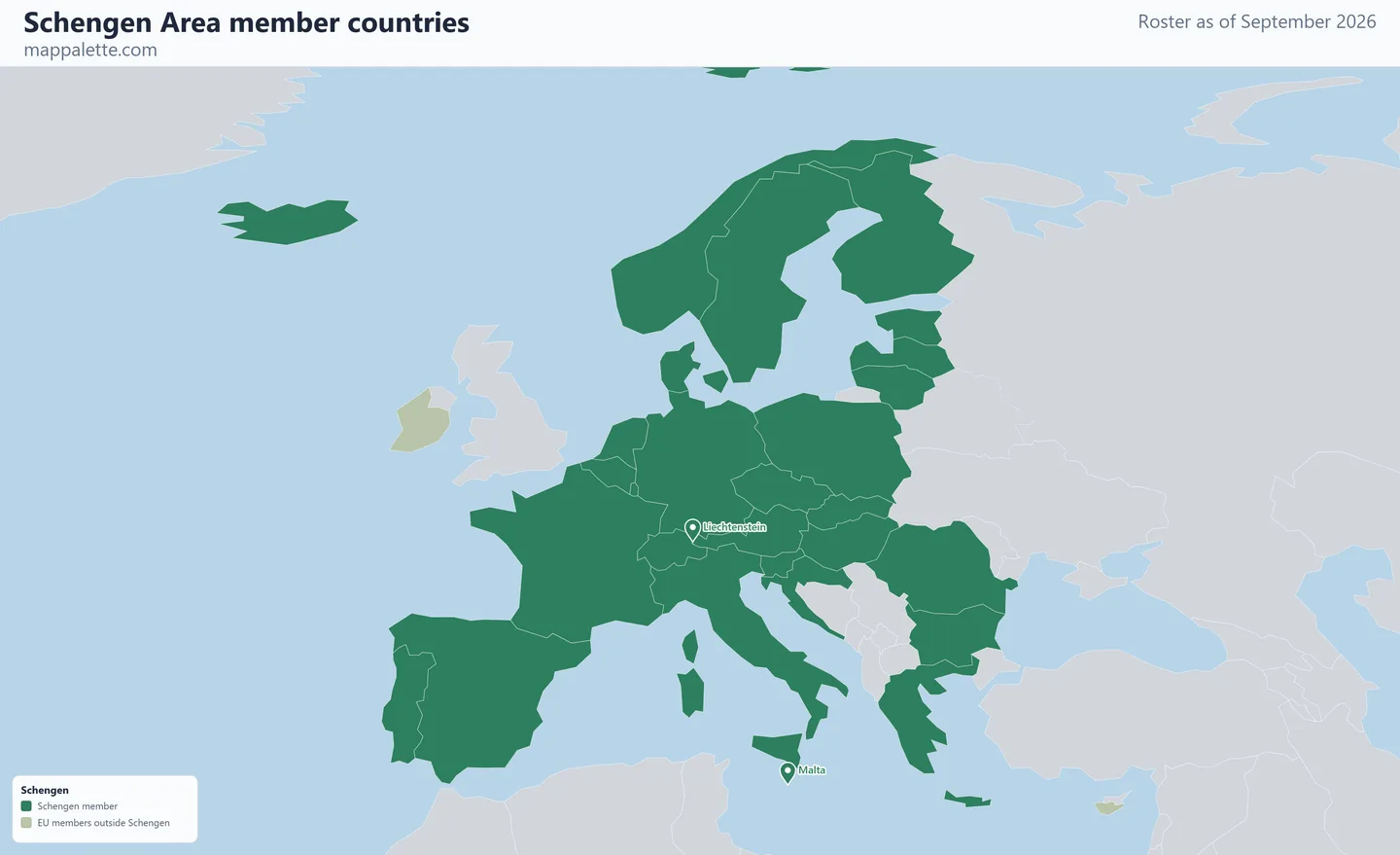 Map of the 29 Schengen Area member countries shaded in colour on an Equal Earth equal-area map, as of September 2026