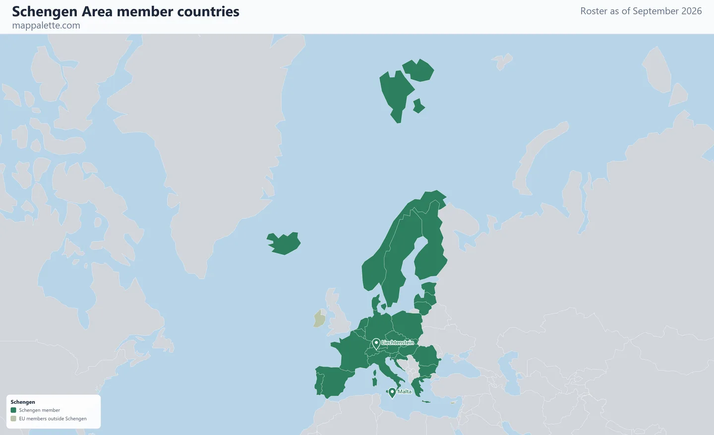 Map of the 29 Schengen Area member countries shaded in colour on a Mercator projection map, as of September 2026