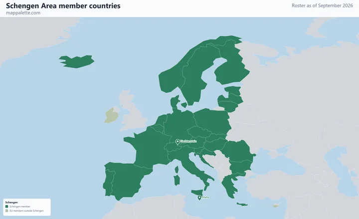 Map of the 29 Schengen Area member countries
