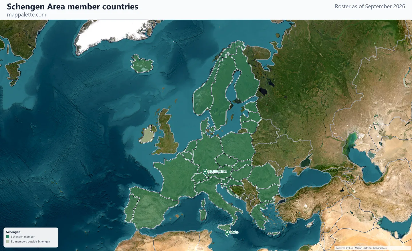 Map of the 29 Schengen Area member countries shaded in colour over satellite imagery on a globe, as of September 2026
