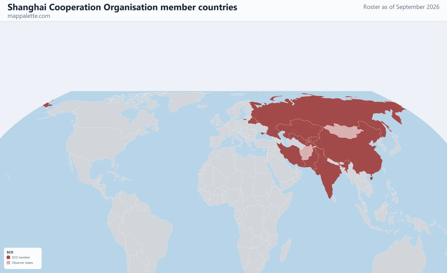 Map of the 10 Shanghai Cooperation Organisation member countries shaded in colour on an Equal Earth equal-area map, as of September 2026