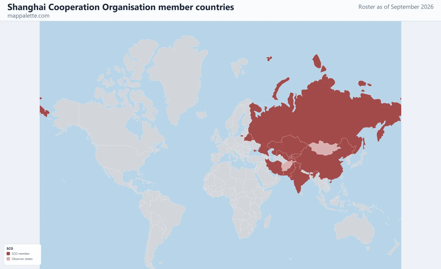 Map of the 10 Shanghai Cooperation Organisation member countries shaded in colour on a Mercator projection map, as of September 2026