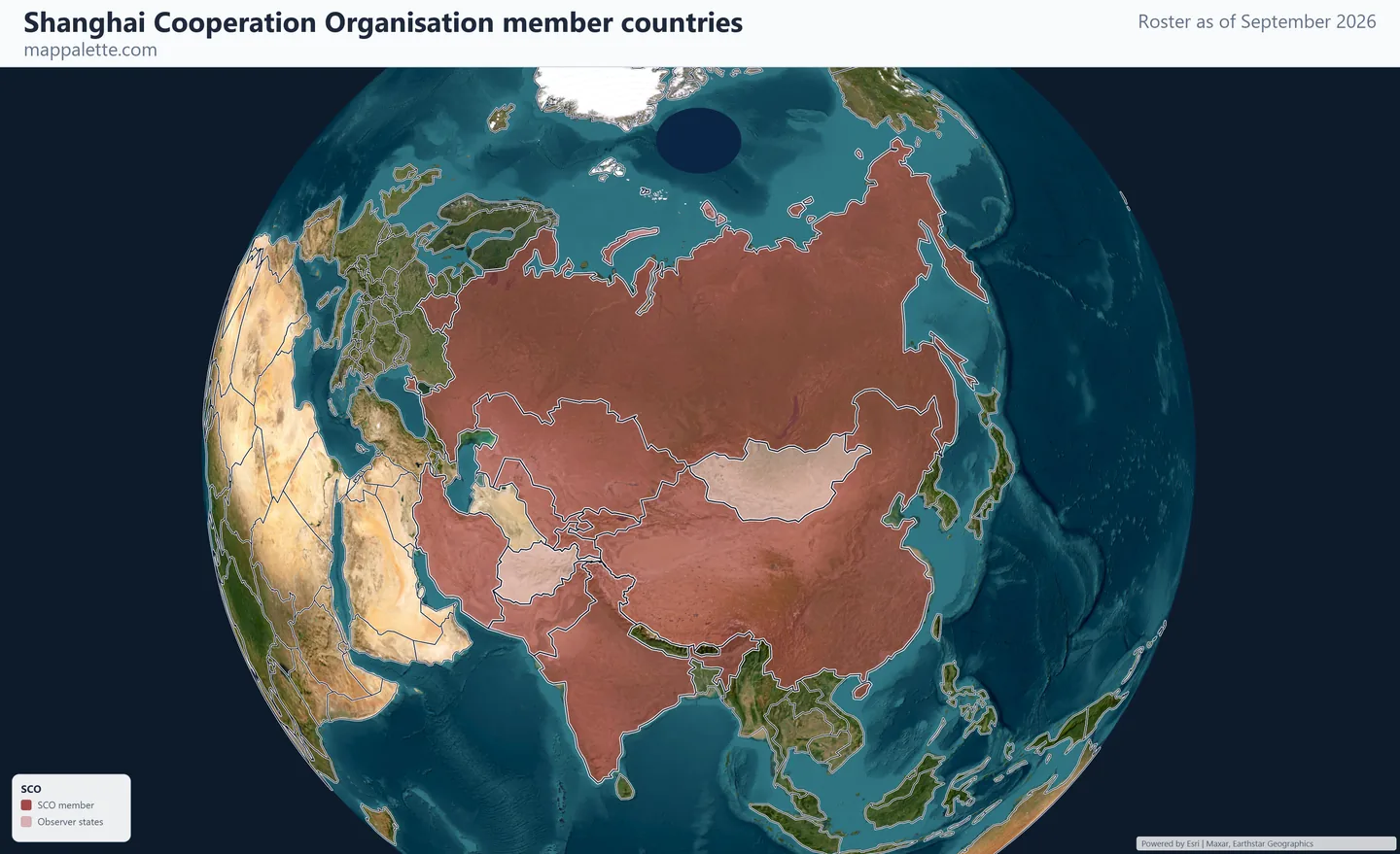 Map of the 10 Shanghai Cooperation Organisation member countries shaded in colour over satellite imagery on a globe, as of September 2026