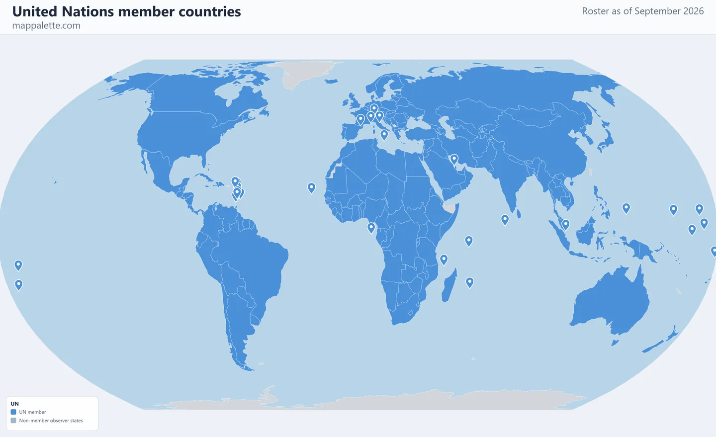 Map of the 193 United Nations member countries shaded in colour on an Equal Earth equal-area map, as of September 2026