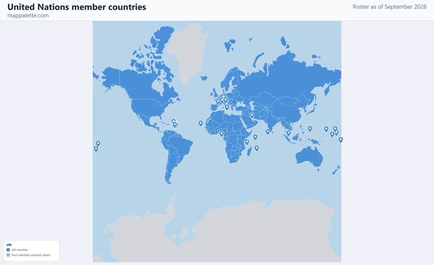 Map of the 193 United Nations member countries shaded in colour on a Mercator projection map, as of September 2026