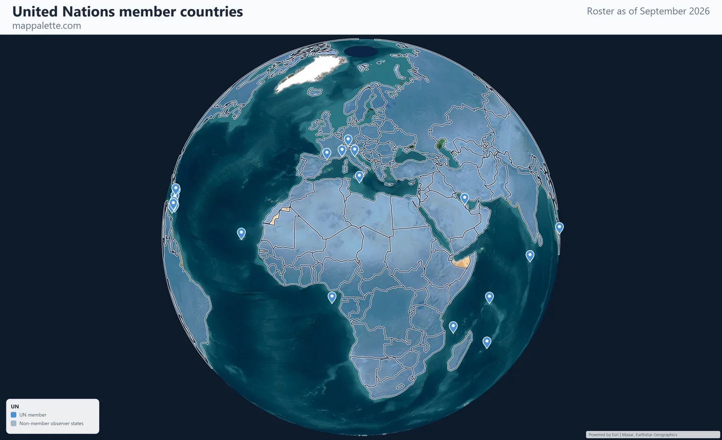 Map of the 193 United Nations member countries shaded in colour over satellite imagery on a globe, as of September 2026