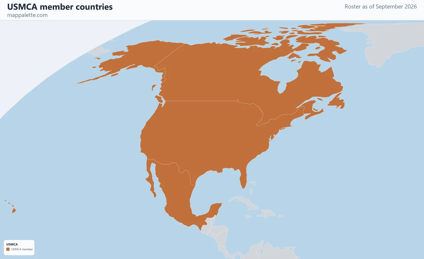 Map of the 3 USMCA member countries shaded in colour on an Equal Earth equal-area map, as of September 2026