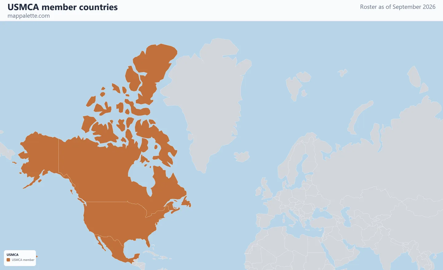 Map of the 3 USMCA member countries shaded in colour on a Mercator projection map, as of September 2026