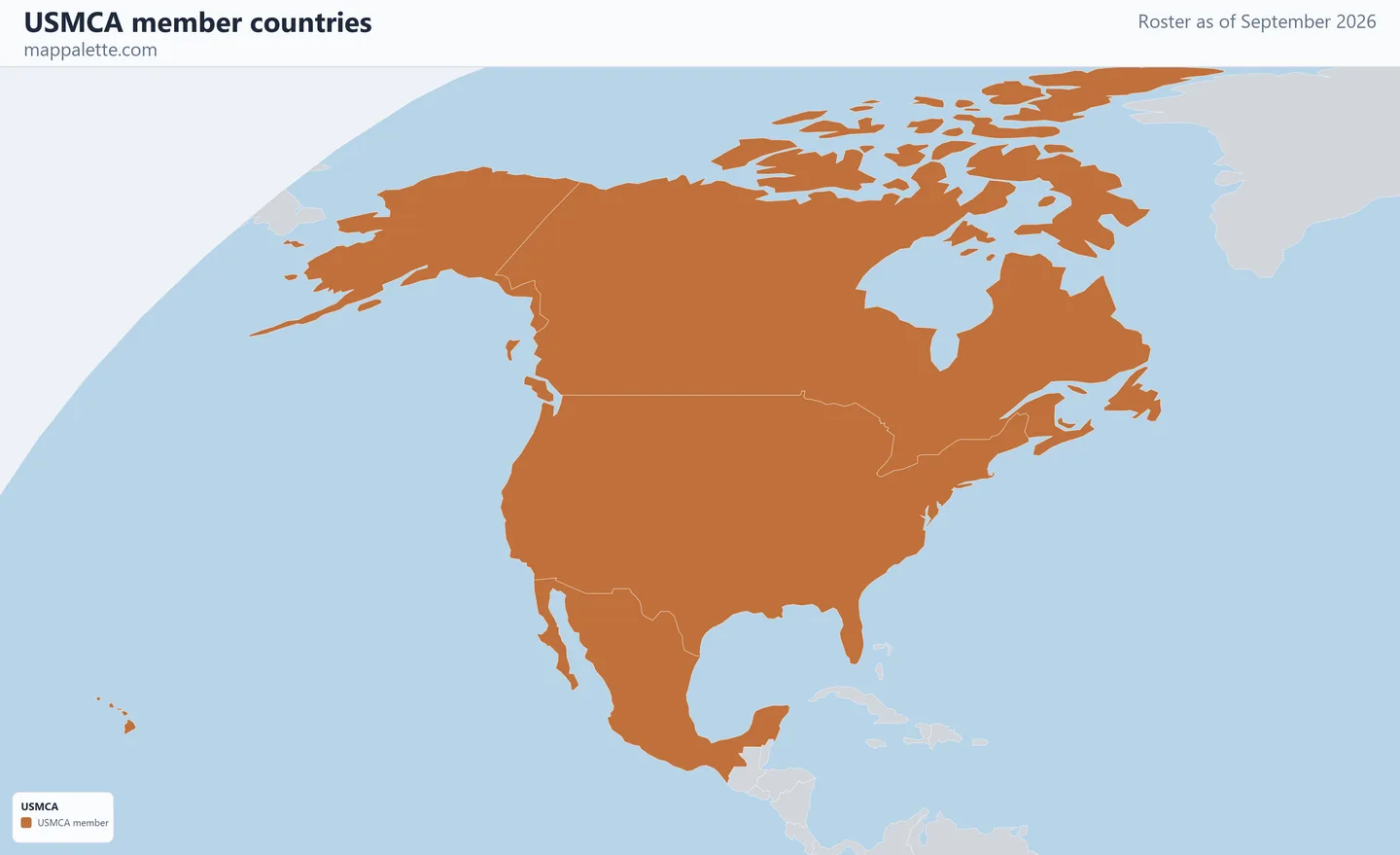 Map of the 3 USMCA member countries shaded in colour on a flat Natural Earth political map, as of September 2026