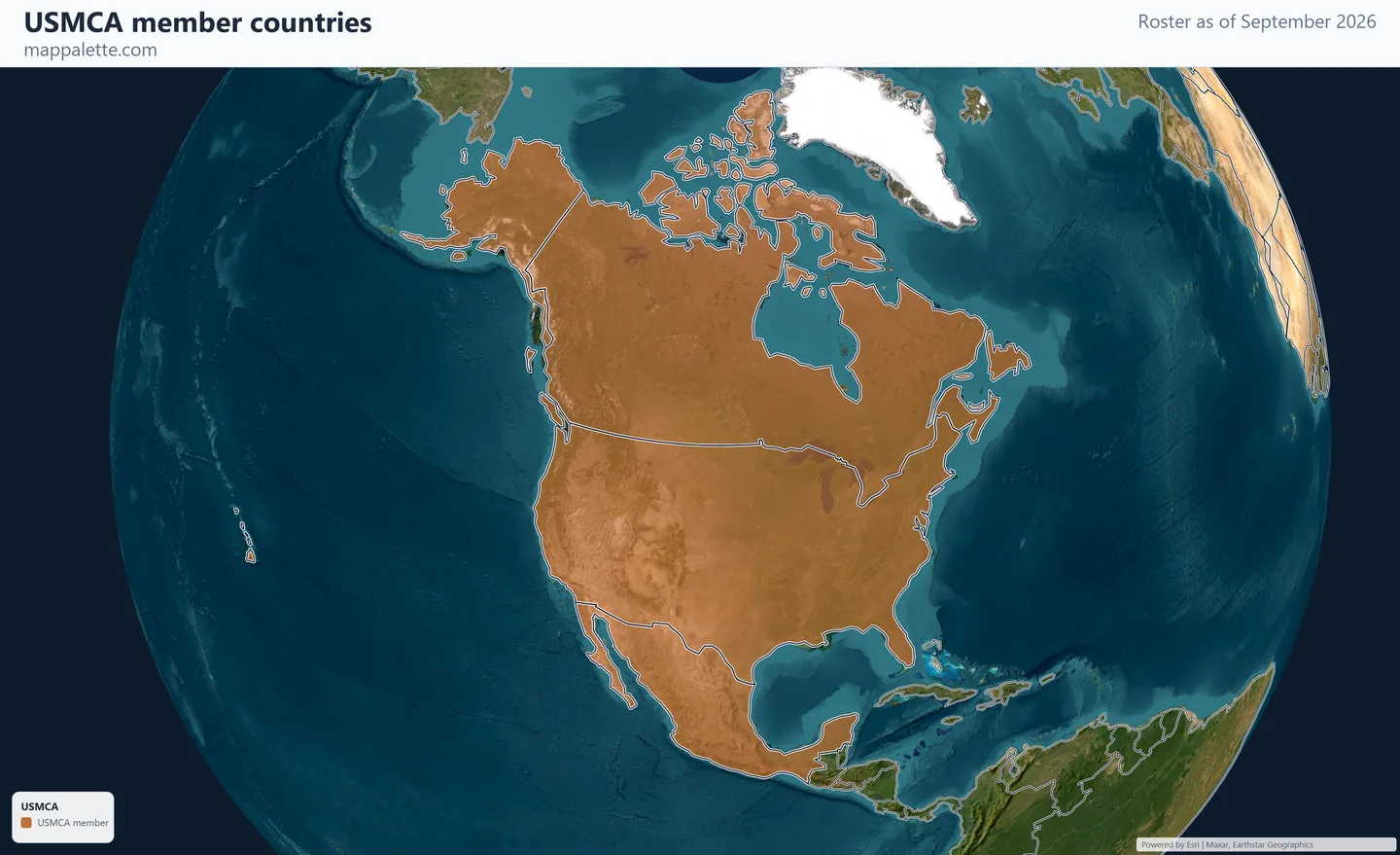 Map of the 3 USMCA member countries shaded in colour over satellite imagery on a globe, as of September 2026